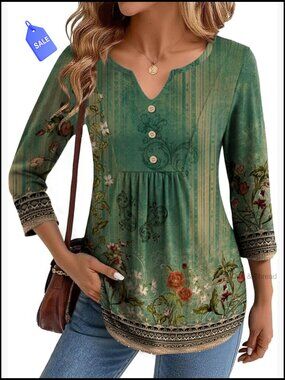 3/4 Sleeve V-Neck Tunic Blouse, Pleated Business Casual Top, S-3XL